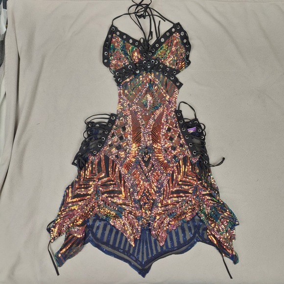 Disco Lemonade Lace Up Halter Dress Womens Medium Fairy Rave Sequin Pink Green - Picture 3 of 9